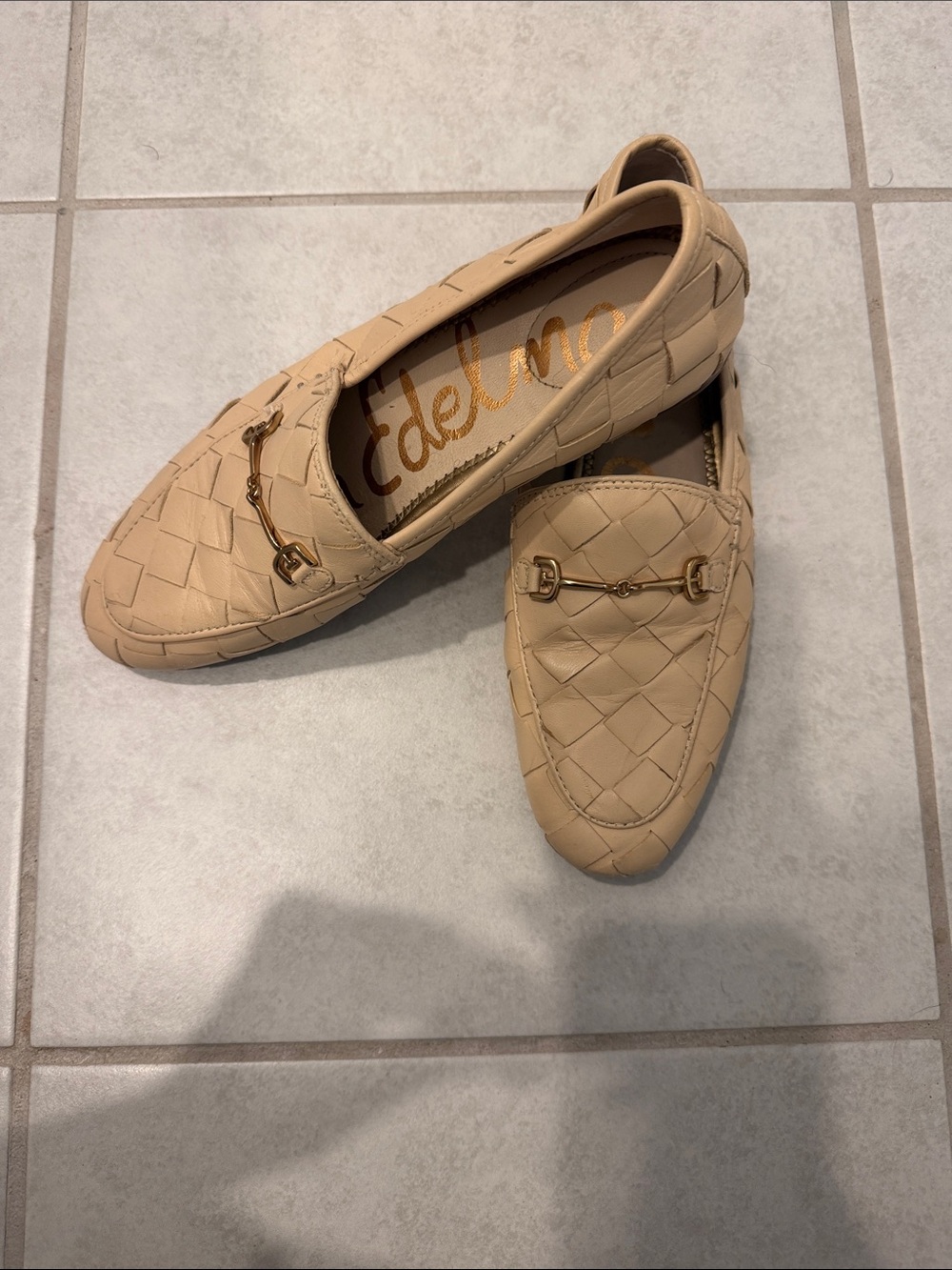 Sam Edelman Beige Quilted Leather Loafers with Gold Bit